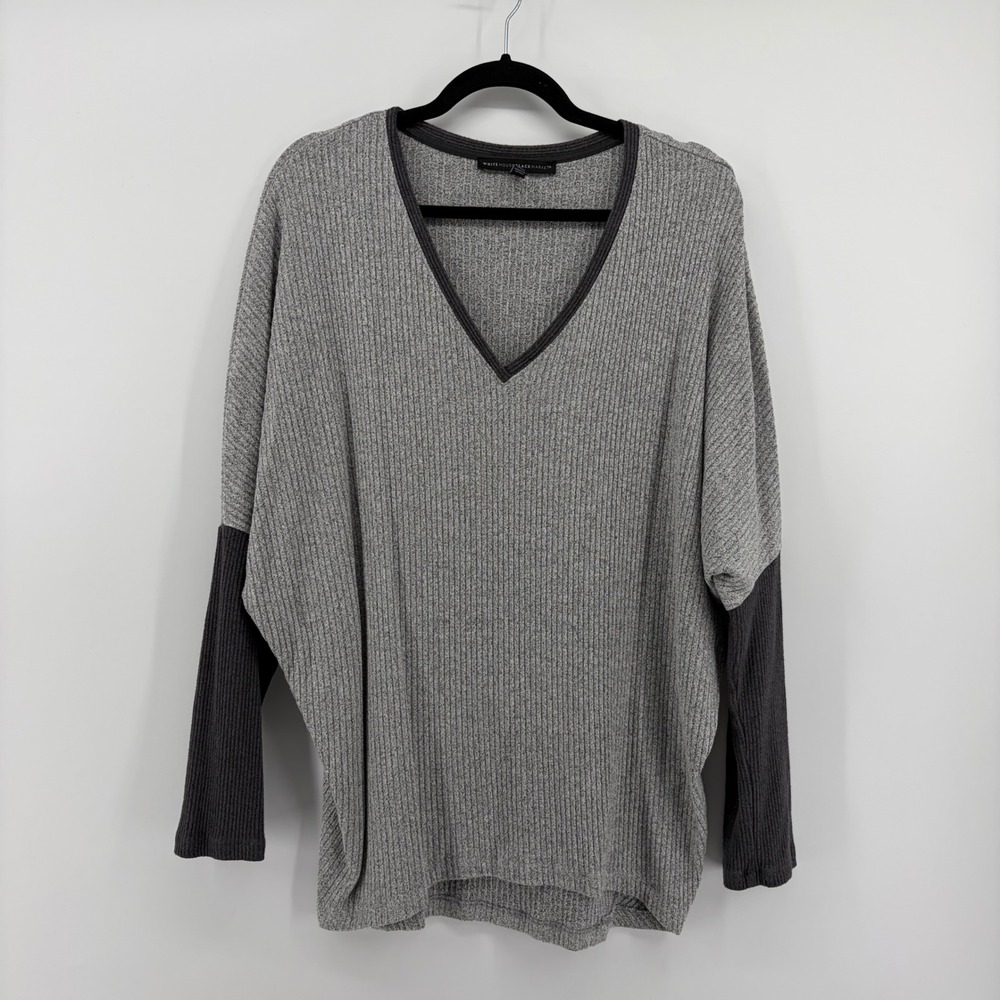 White House Black Market V Neck Ribbed Sweater Dolman Sleeve Gray Size Medium